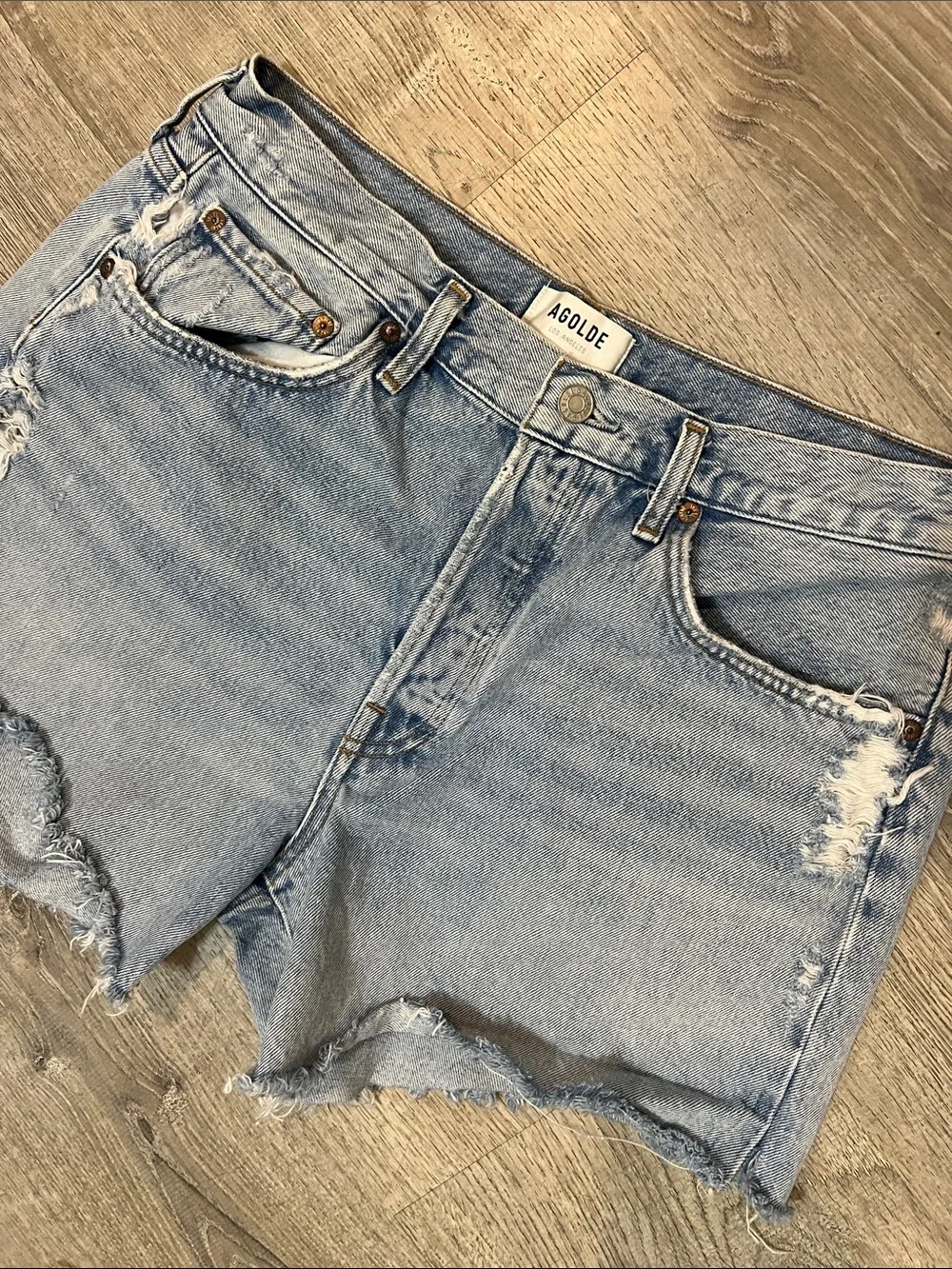 AGOLDE Parker Long Light Blue Distressed Denim Shorts size 30
